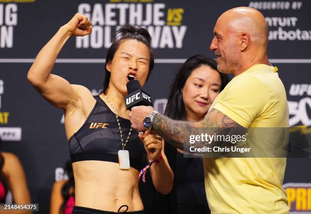 Zhang Weili of China is interviewed by Joe Rogan during the UFC 300 ceremonial weigh-in at MGM Grand Garden Arena on April 12, 2024 in Las Vegas,...