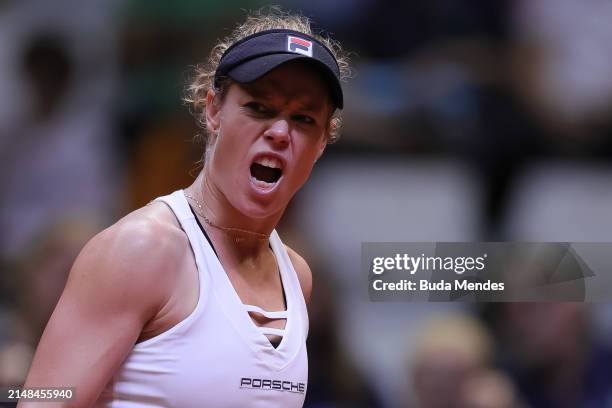 Laura Siegmund of Germany celebrates a point against Beatriz Haddad of Brazil during the Billie Jean King Cup Qualifier match between Brazil and...