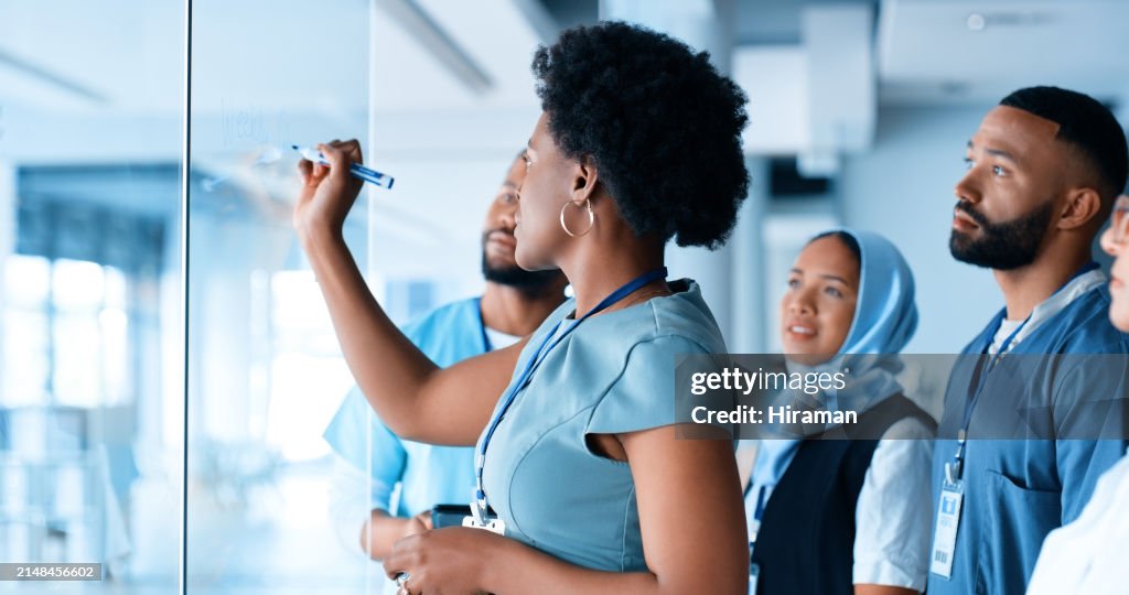 Équipe de planification, de rédaction et de soins de santé au bureau pour la recherche, l’aide ou l’innovation médicale, le travail d’équipe ou les objectifs. Hôpital, réunion et médecins avec infirmières chez un clinicien pour l’horaire,