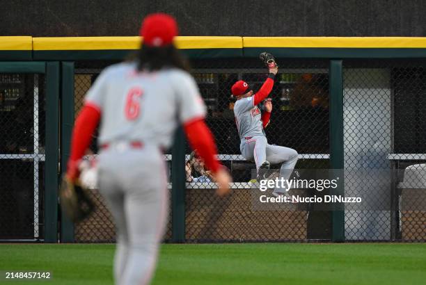 Jake Fraley of the Cincinnati Reds catches the fly out by Paul DeJong of the Chicago White Sox during the second inning of a game at Guaranteed Rate...