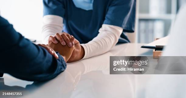 person, holding hands and nurse in consultation for healthcare with empathy for health checkup. doctor, people and closeup with medical professional for sympathy, support and bad news with diagnosis - patient bad news stock pictures, royalty-free photos & images