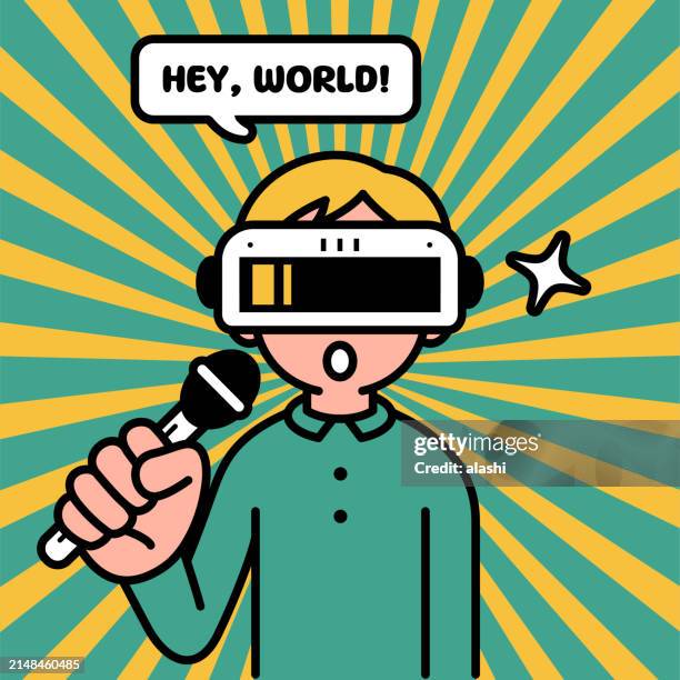 a boy wearing a virtual reality headset or vr glasses enters the metaverse, looks at the viewer, and talks with a microphone - virtual q and a stock illustrations