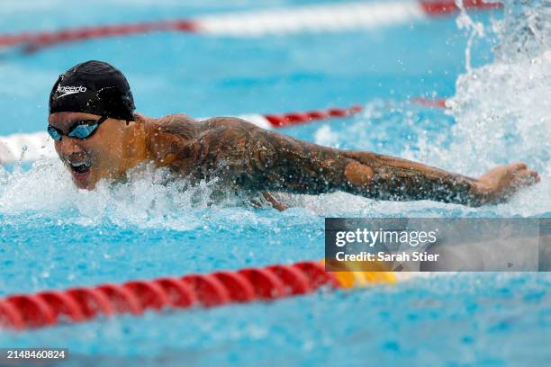 Caeleb Dressel competes in the Men's 100m Butterfly final on Day 3 of the TYR Pro Swim Series San Antonio at Northside Swim Center on April 12, 2024...