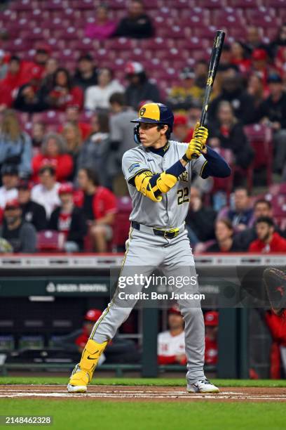 Christian Yelich of the Milwaukee Brewers bats against the Cincinnati Reds in the first inning of a game at Great American Ball Park on April 09,...