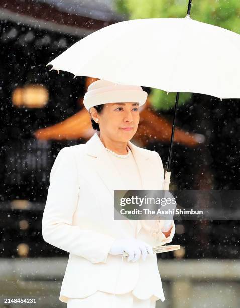 Empress Masako visits Meiji Shrine to mark the 110th anniversary of the death of Empress Shoken, wife of Emperor Meiji on April 9, 2024 in Tokyo,...