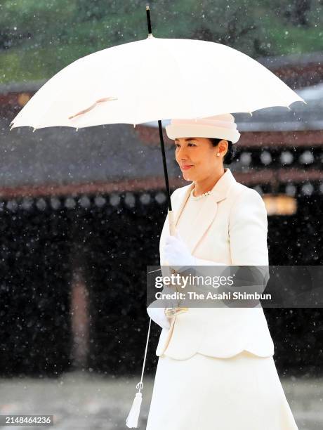 Empress Masako visits Meiji Shrine to mark the 110th anniversary of the death of Empress Shoken, wife of Emperor Meiji on April 9, 2024 in Tokyo,...