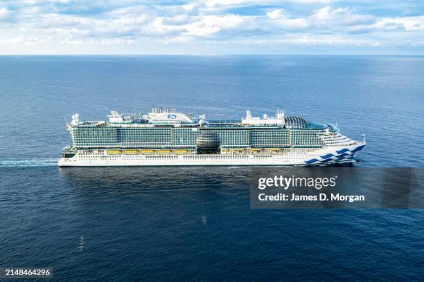 An aerial drone image of the Sun Princess on 17 March, 2024 off the coast of Southern Italy. Introducing the newest Princess cruise ship, the...