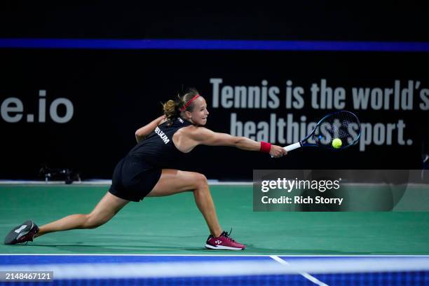 Hanne Vandewinkel of Team Belgium plays a backhand against Emma Navarro of Team USA during the Billie Jean King Cup Qualifier match between USA and...