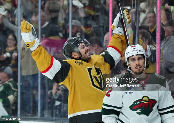Tomas Hertl of the Vegas Golden Knights celebrates after scoring a goal during the third period against the Minnesota Wild at T-Mobile Arena on April...