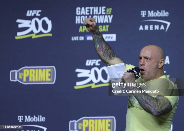 Joe Rogan MC's during the UFC 300 ceremonial weigh-in at MGM Grand Garden Arena on April 12, 2024 in Las Vegas, Nevada.