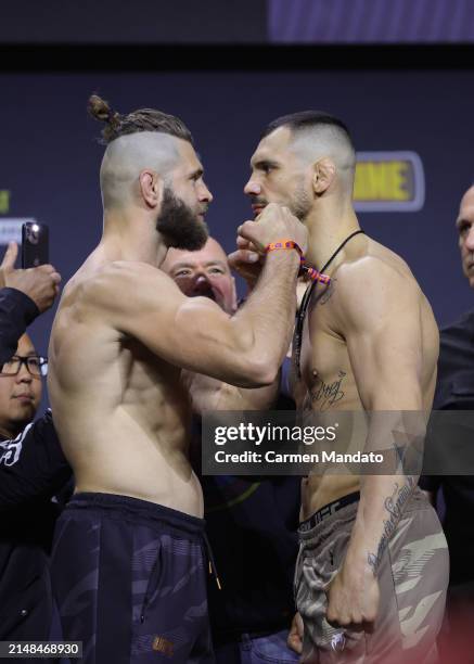 Opponents Jiri Prochazka of the Czech Republic and Aleksandar Rakic of Austria face off during the UFC 300 ceremonial weigh-in at MGM Grand Garden...