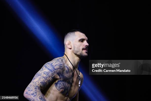 Aleksandar Rakic of Austria walks to the scale during the UFC 300 ceremonial weigh-in at MGM Grand Garden Arena on April 12, 2024 in Las Vegas,...