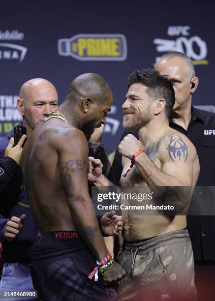 Opponents Bobby Green and Jim Miller face off during the UFC 300 ceremonial weigh-in at MGM Grand Garden Arena on April 12, 2024 in Las Vegas, Nevada.