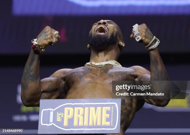 Bobby Green poses on the scale during the UFC 300 ceremonial weigh-in at MGM Grand Garden Arena on April 12, 2024 in Las Vegas, Nevada.