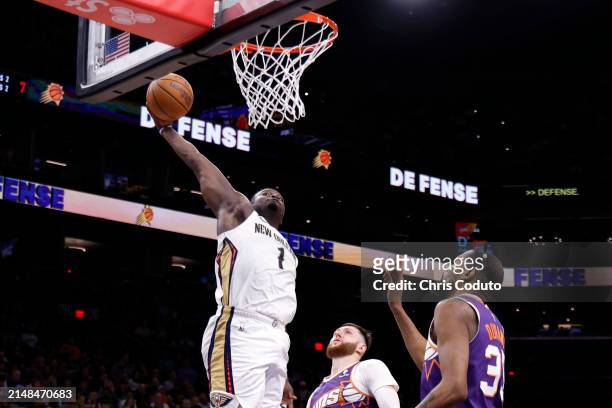 Zion Williamson of the New Orleans Pelicans dunks during the game against the Phoenix Suns at Footprint Center on April 07, 2024 in Phoenix, Arizona....