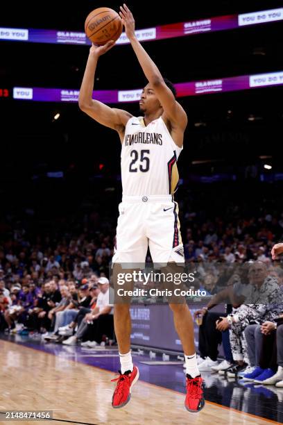 Trey Murphy III of the New Orleans Pelicans attempts a three point shot during the game against the Phoenix Suns at Footprint Center on April 07,...