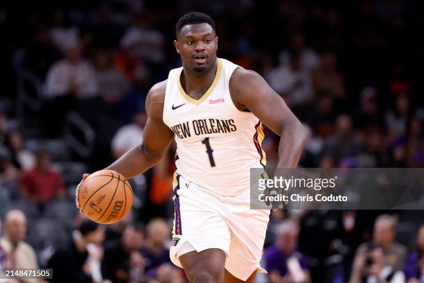 Zion Williamson of the New Orleans Pelicans dribbles the ball during the game against the Phoenix Suns at Footprint Center on April 07, 2024 in...