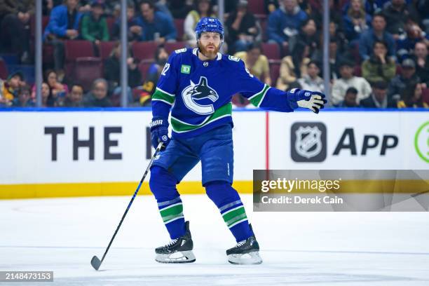 Ian Cole of the Vancouver Canucks skates during the first period of their NHL game against the Vegas Golden Knights at Rogers Arena on April 8, 2024...