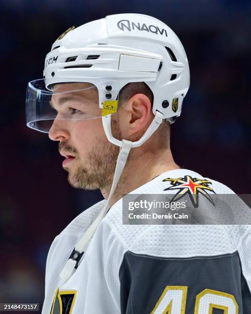 Tomas Hertl of the Vegas Golden Knights skates during warm-up prior to their NHL game against the Vancouver Canucks at Rogers Arena on April 8, 2024...