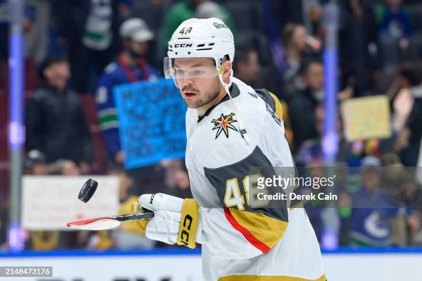 Tomas Hertl of the Vegas Golden Knights skates during warm-up prior to their NHL game against the Vancouver Canucks at Rogers Arena on April 8, 2024...