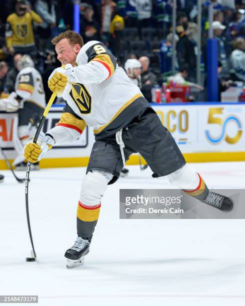 Jack Eichel of the Vegas Golden Knights takes a shot during warm-up prior to their NHL game against the Vancouver Canucks at Rogers Arena on April 8,...