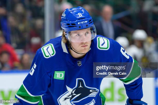 Brock Boeser of the Vancouver Canucks waits for a face-off during the first period of their NHL game against the Vegas Golden Knights at Rogers Arena...