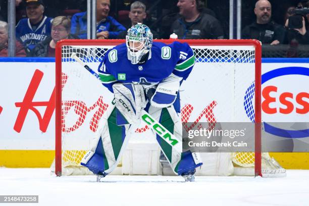 Arturs Silovs of the Vancouver Canucks in net during the first period of their NHL game against the Vegas Golden Knights at Rogers Arena on April 8,...