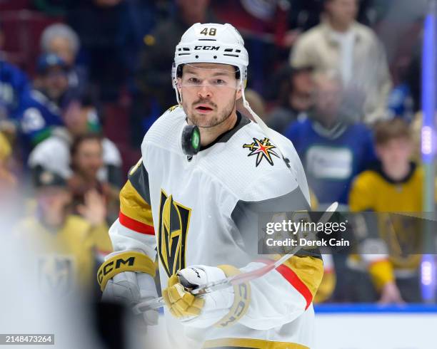 Tomas Hertl of the Vegas Golden Knights skates during warm-up prior to their NHL game against the Vancouver Canucks at Rogers Arena on April 8, 2024...