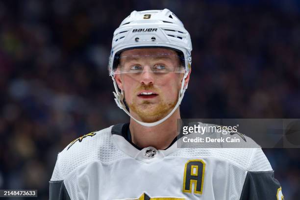 Jack Eichel of the Vegas Golden Knights waits for a face-off during the second period of their NHL game against the Vancouver Canucks at Rogers Arena...