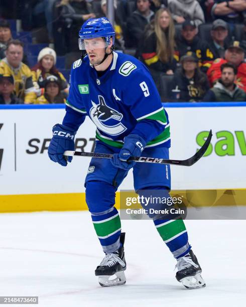 Miller of the Vancouver Canucks skates during the third period of their NHL game against the Vegas Golden Knights at Rogers Arena on April 8, 2024 in...