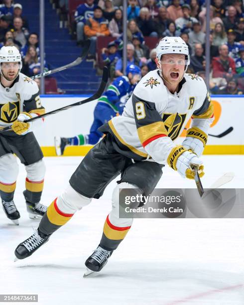 Jack Eichel of the Vegas Golden Knights skates during the third period of their NHL game against the Vancouver Canucks at Rogers Arena on April 8,...