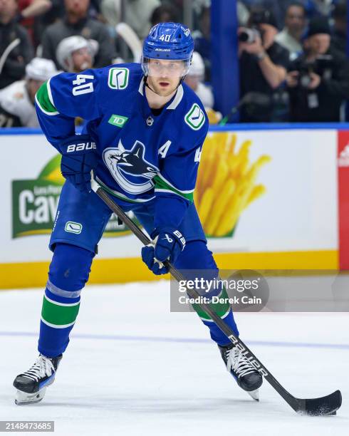 Elias Pettersson of the Vancouver Canucks skates during the third period of their NHL game against the Vegas Golden Knights at Rogers Arena on April...