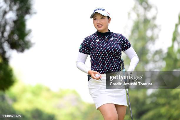 Sakura Koiwai of Japan is seen before her tee shot on the 4th hole during the second round of KKTcup VANTELIN Ladies Open at Kumamoto Kuko Country...