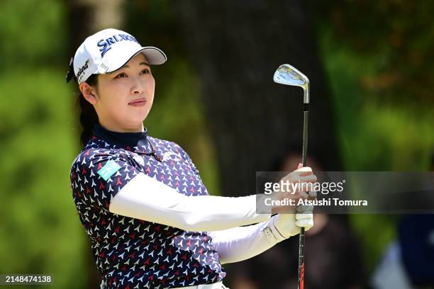 Sakura Koiwai of Japan hits her tee shot on the 8th hole during the second round of KKTcup VANTELIN Ladies Open at Kumamoto Kuko Country Club on...