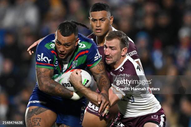 Addin Fonua-Blake of the Warriors charges forward during the round six NRL match between New Zealand Warriors and Manly Sea Eagles at Go Media...