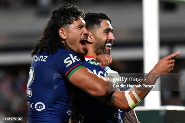 Shaun Johnson of the Warriors celebrates after scoring a try during the round six NRL match between New Zealand Warriors and Manly Sea Eagles at Go...