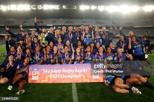 The Blues hold up the Aupiki Trophy following the Super Rugby Aupiki Final between the Blues and the Chiefs Manawa at Eden Park on April 13, 2024 in...