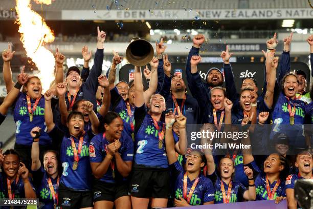 The Blues hold up the Aupiki Trophy following the Super Rugby Aupiki Final between the Blues and the Chiefs Manawa at Eden Park on April 13, 2024 in...