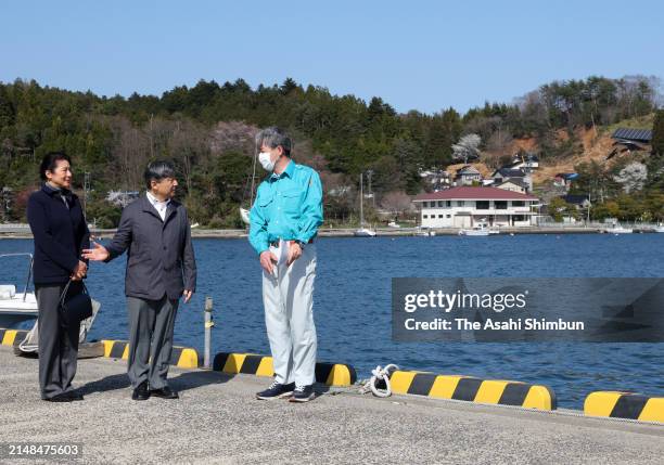 Emperor Naruhito and Empress Masako listen to explanation on April 12, 2024 in Anamizu, Ishikawa, Japan.