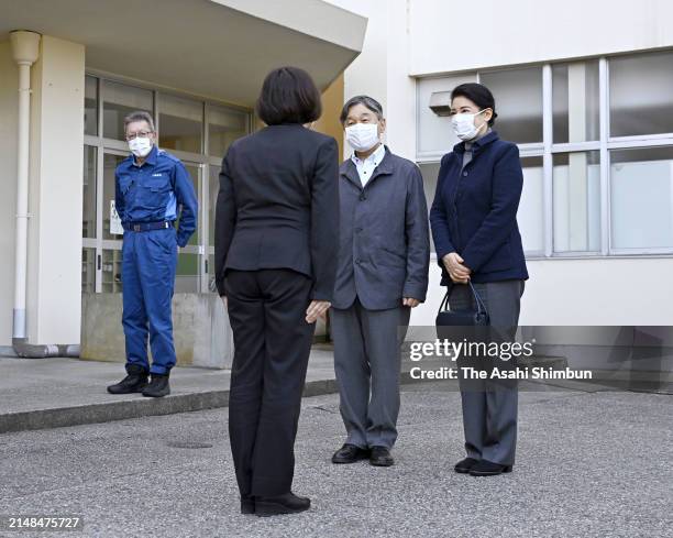 Emperor Naruhito and Empress Masako are seen on arrival at Matsunami Junior High School where local residents take shelter on April 12, 2024 in Noto,...