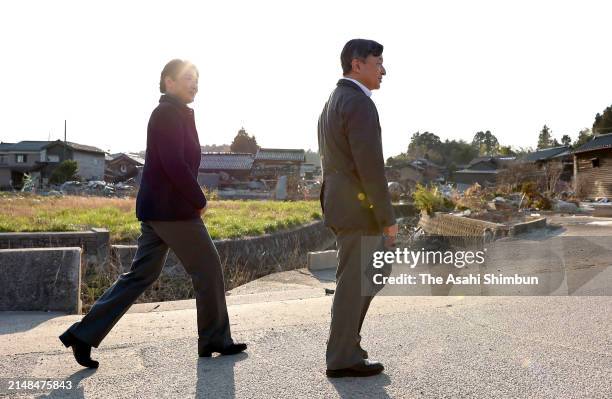 Emperor Naruhito and Empress Masako visit Shiromaru district on April 12, 2024 in Noto, Ishikawa, Japan.