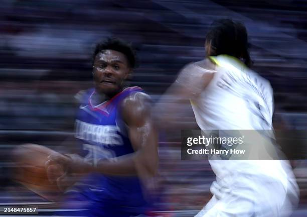 Kobe Brown of the LA Clippers drives to the basket on Brice Sensabaugh of the Utah Jazz during a 110-109 loss to the Utah Jazz at Crypto.com Arena on...