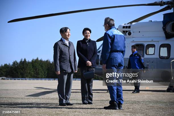 Emperor Naruhito and Empress Masako are seen on arrival at Noto city on April 12, 2024 in Noto, Ishikawa, Japan.