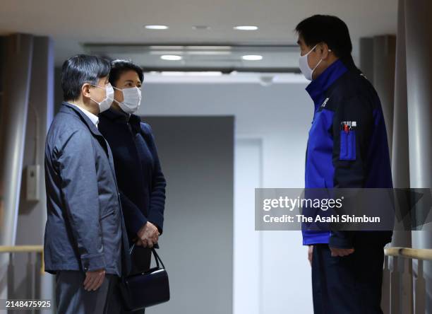 Emperor Naruhito and Empress Masako are seen off by Ishikawa Prefecture Governor Hiroshi Hase at Noto Airport on April 12, 2024 in Wajima, Ishikawa,...