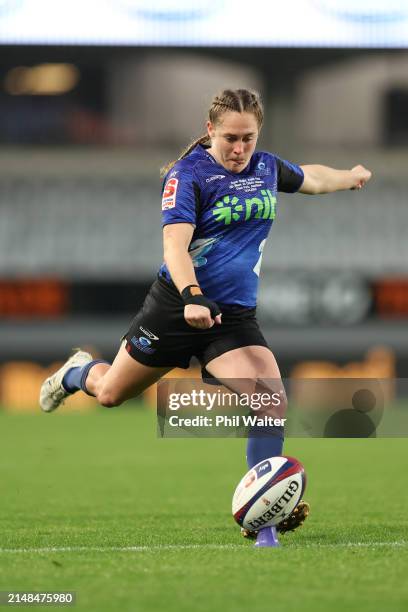 Krysten Cottrell of the Blues kicks a conversion during the Super Rugby Aupiki Final between the Blues and the Chiefs Manawa at Eden Park on April...