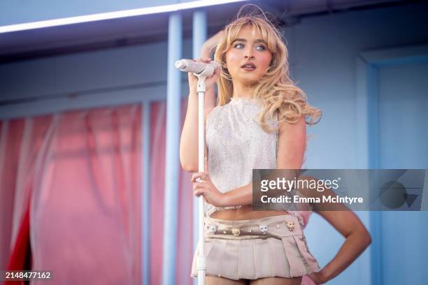 Sabrina Carpenter performs onstage at the 2024 Coachella Valley Music and Arts Festival at Empire Polo Club on April 12, 2024 in Indio, California.