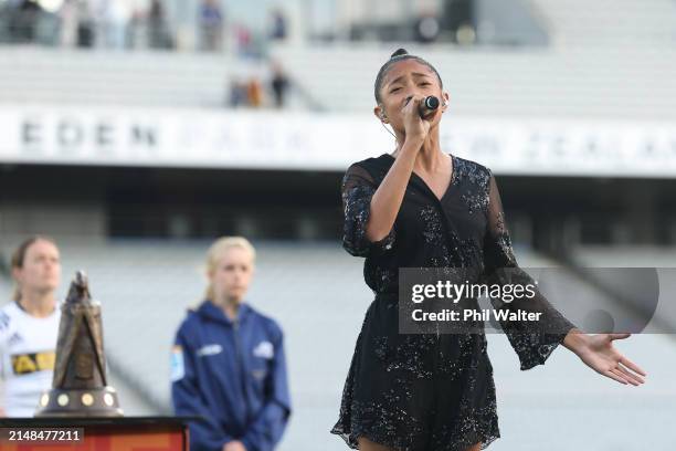 Jaya sings the National Anthem during the Super Rugby Aupiki Final between the Blues and the Chiefs Manawa at Eden Park on April 13, 2024 in...