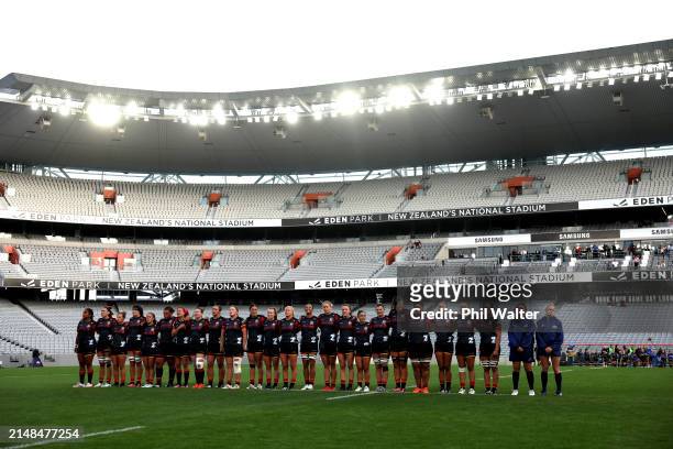 Chiefs Manawa sing the anthem during the Super Rugby Aupiki Final between the Blues and the Chiefs Manawa at Eden Park on April 13, 2024 in Auckland,...