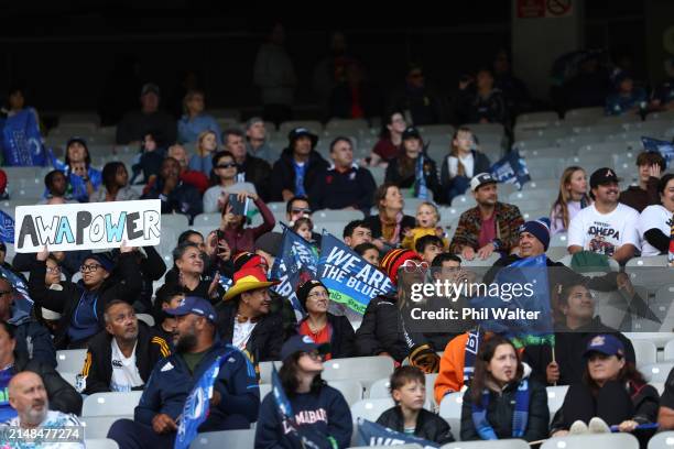 Fans celebrate during the Super Rugby Aupiki Final between the Blues and the Chiefs Manawa at Eden Park on April 13, 2024 in Auckland, New Zealand.