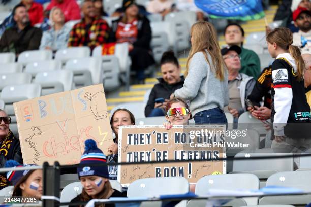 Fans celebrate during the Super Rugby Aupiki Final between the Blues and the Chiefs Manawa at Eden Park on April 13, 2024 in Auckland, New Zealand.